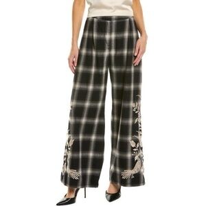 Johnny Was Black and White Checkered Women's Pants with Floral Embroidery